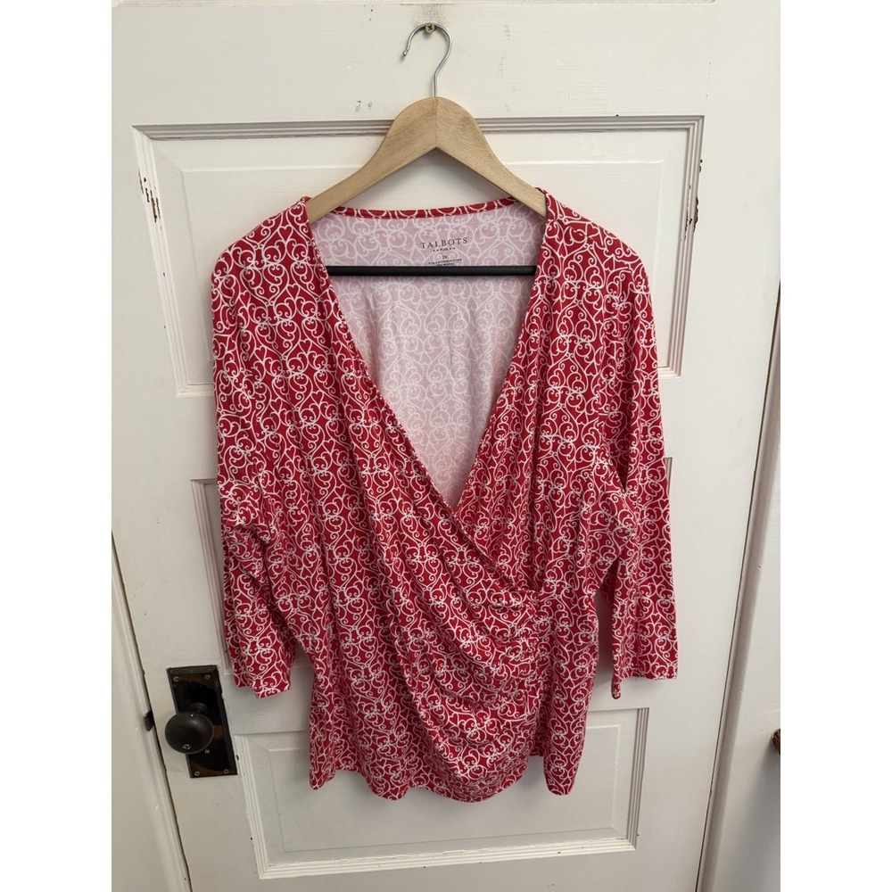 Talbots Women's Red‎ And White Patterned Faux Wrap Top 3/4 Sleeves Size 2X